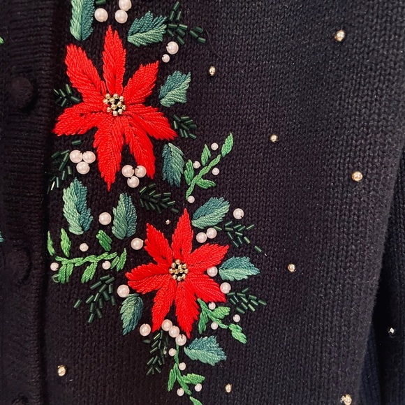 Holiday Sweater Cardigan Beautifully Embroidered w/Faux Pearls & Gold Beads - Picture 2 of 6